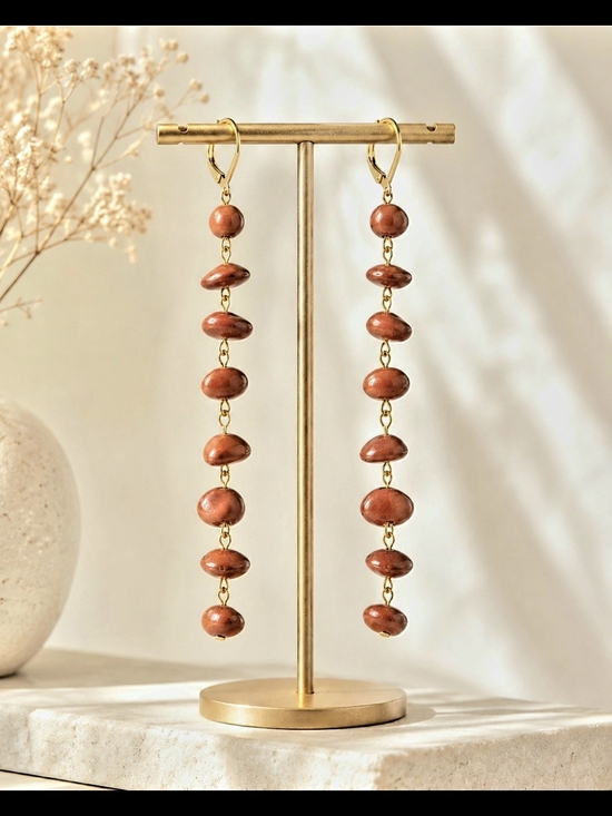 Jewelry - Gold-Tone Long Brown Bead Real Seeds  Drop Earrings